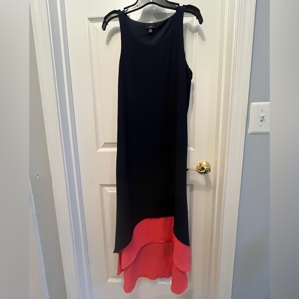 R&K Sleeveless Black & Coral Layered Hem Midi Dress